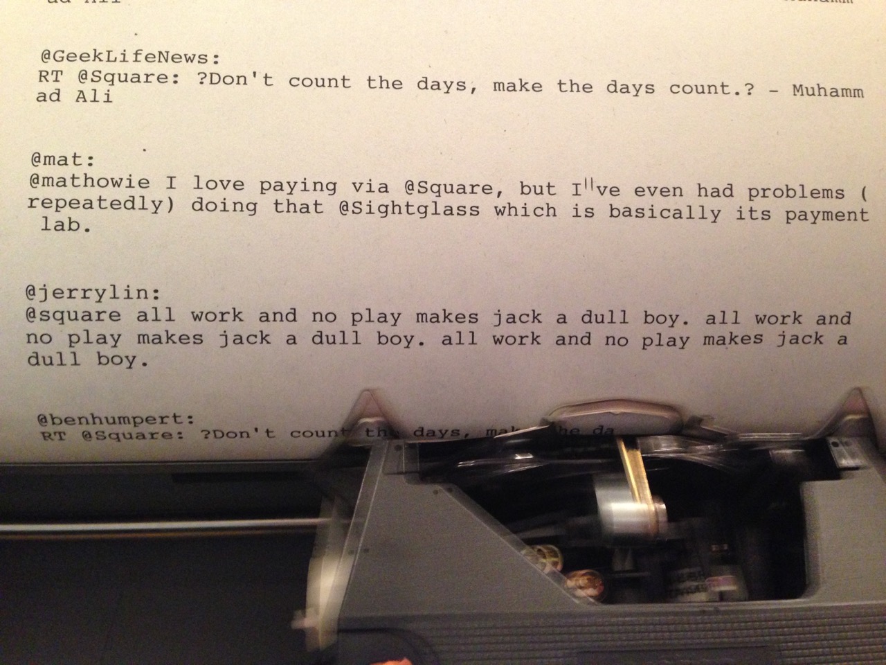 Jerry Lin tweets: "@square all work and no play makes jack a dull boy. all work and no play makes jack a dull boy. all work and no play makes jack a dull boy."